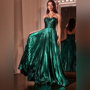 NEW Green Liquid Metallic Pleated Gown